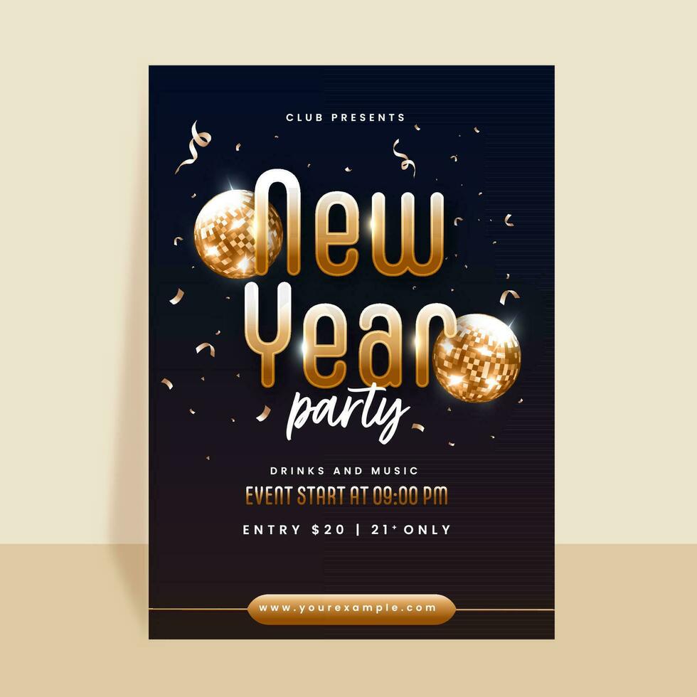 New Year Party Flyer Design Decorated With 3D Disco Balls, Golden Confetti And Event Details. vector