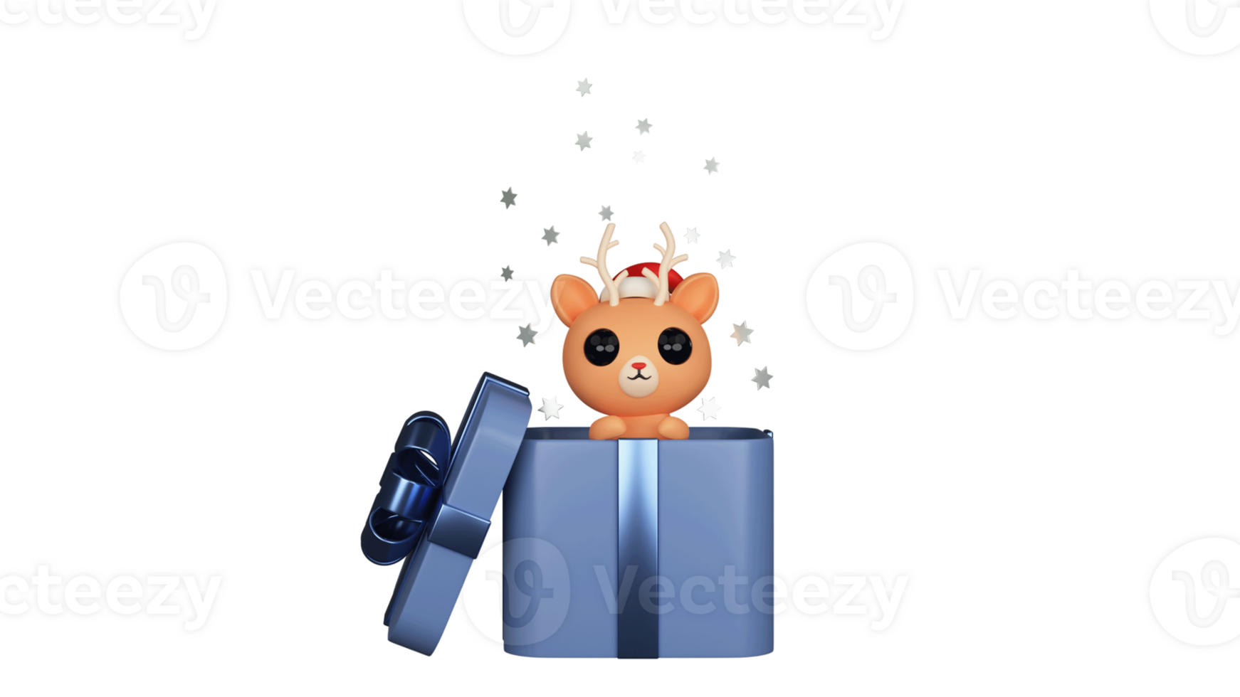 3D Render Of Cartoon Reindeer And Stars Popping Out From Surprise Box Element. png