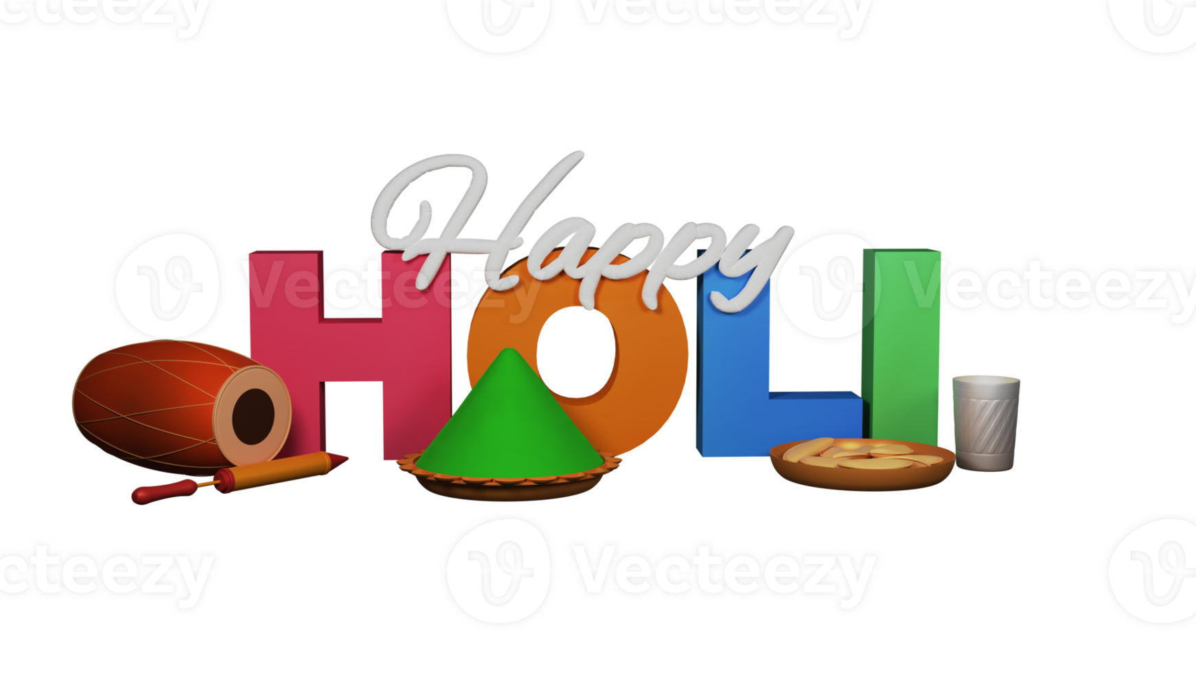 3D Render Colorful Happy Holi Text With Festival Elements. png