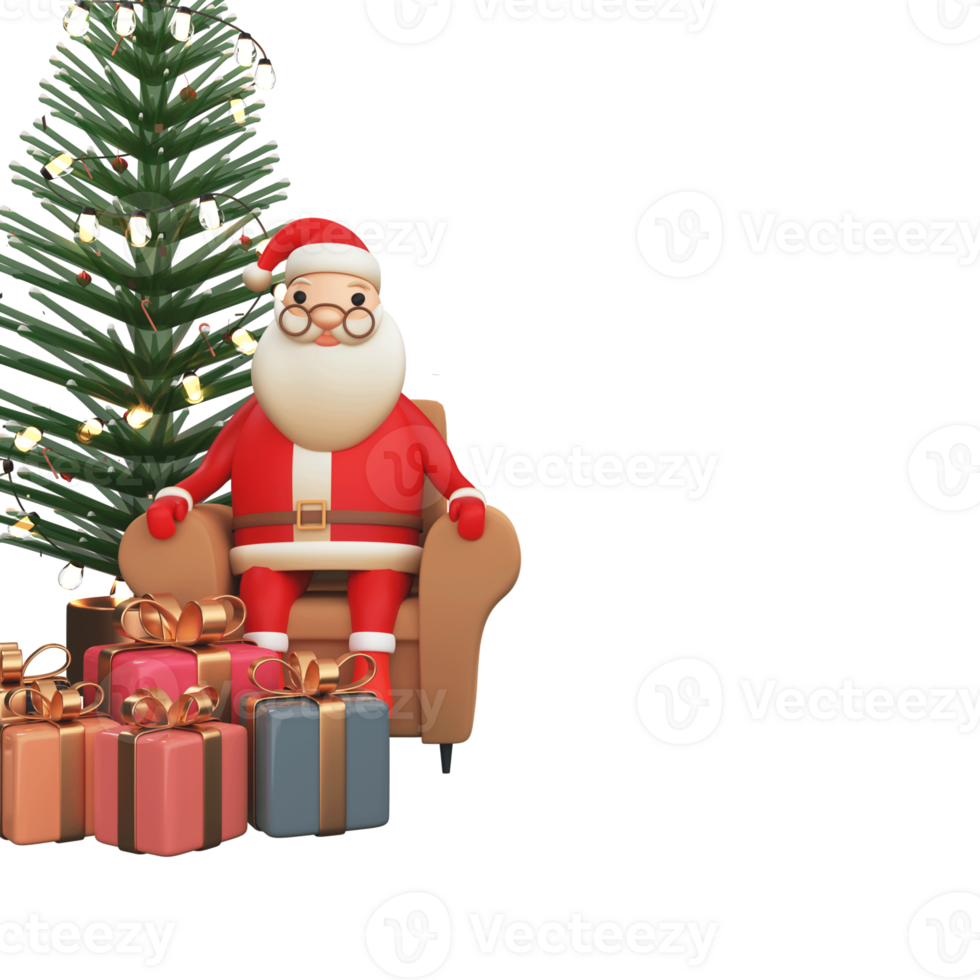 3D Render Of Santa Claus Sitting On Sofa With Gift Boxes And Decorative Xmas Tree. png