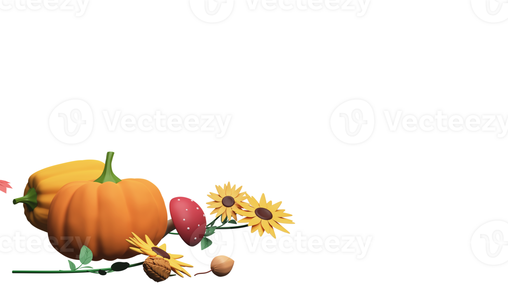 3D Render Of Pumpkins With Sunflowers, Toadstool, Pine Cone, Ground Cherry Against Background And Copy Space. png