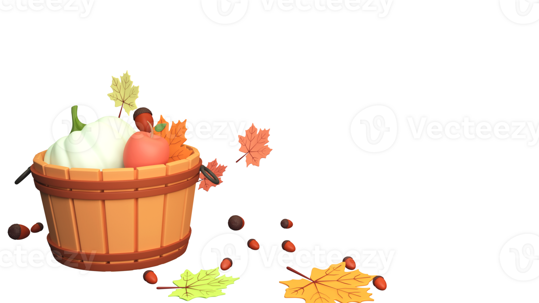 3D Render Wood Basket Full Of Pumpkin With Apple, Maple Leaves, Acorns Decorated Background And Copy Space. png