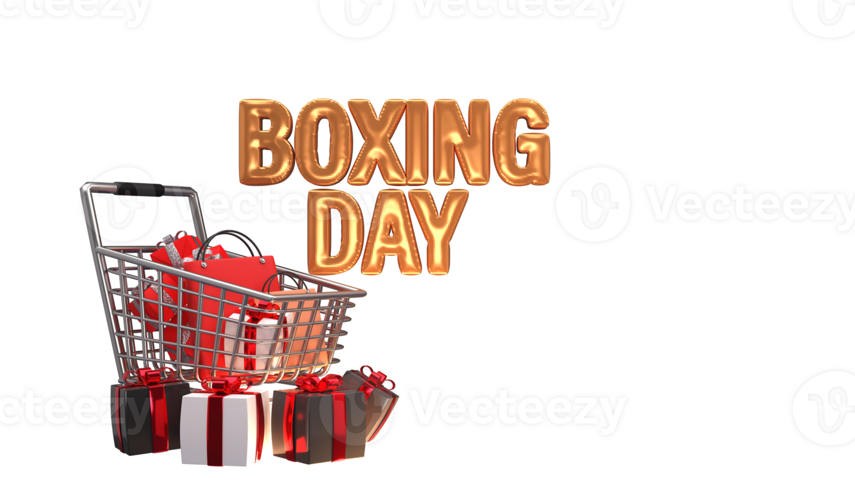 3D Render Golden Foil Boxing Day Text With Realistic Gift Boxes, Trolley And Shopping Bags Against Background. Advertising Banner Design. png