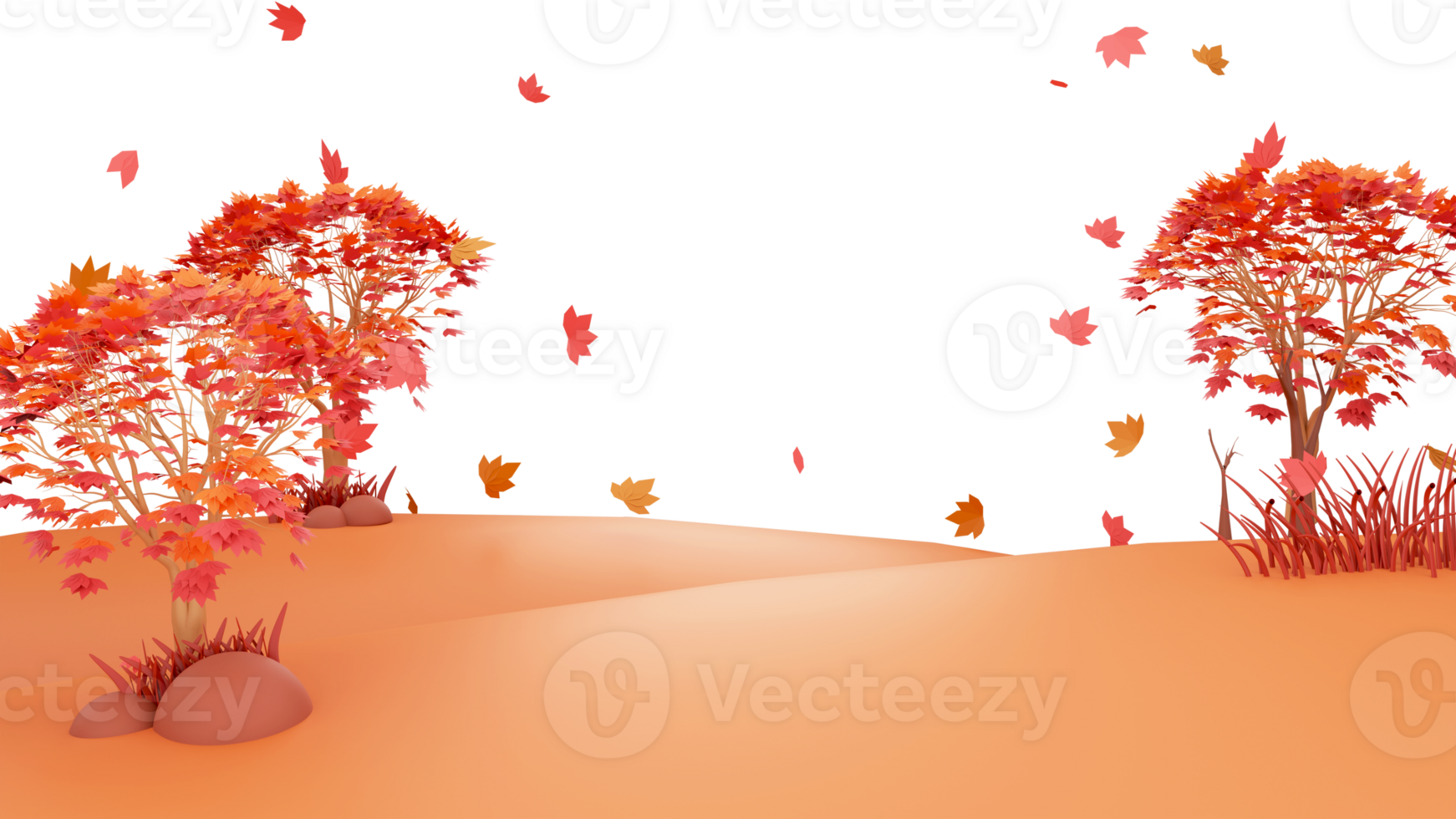 3D Illustration Of Autumn Trees With Flying Leaves Against Glossy Background And Copy Space. png