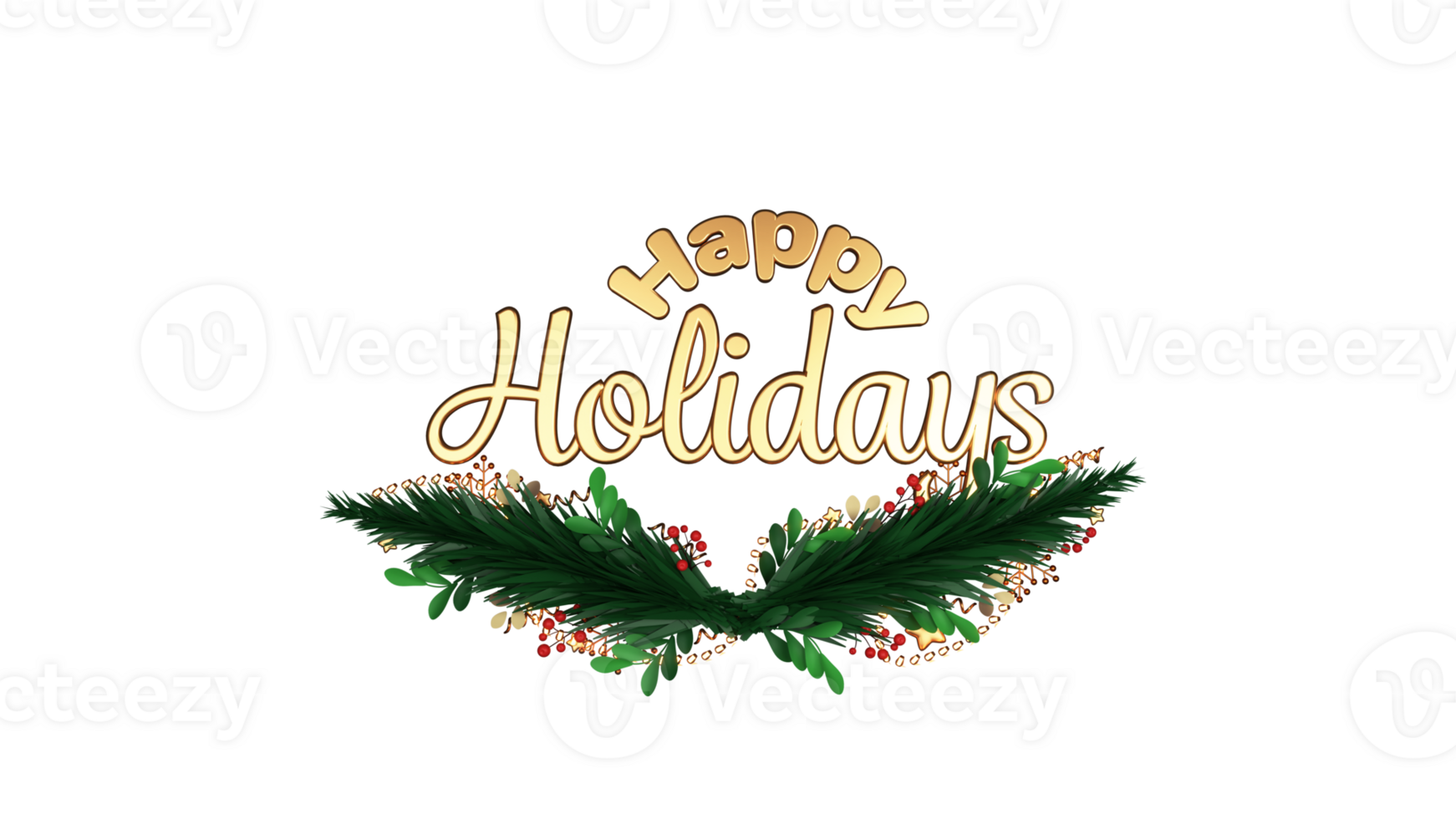 3D Render Golden Happy Holidays Text With Green Leaves, Berry Stem, Stars And Lighting Garland Decorated Background. png