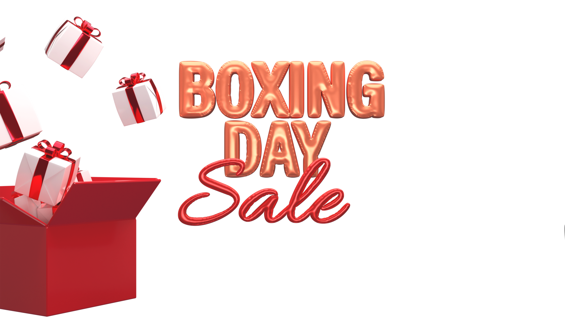 3D Render Of Boxing Day Sale Font With Gift Popping Out From Red Gift