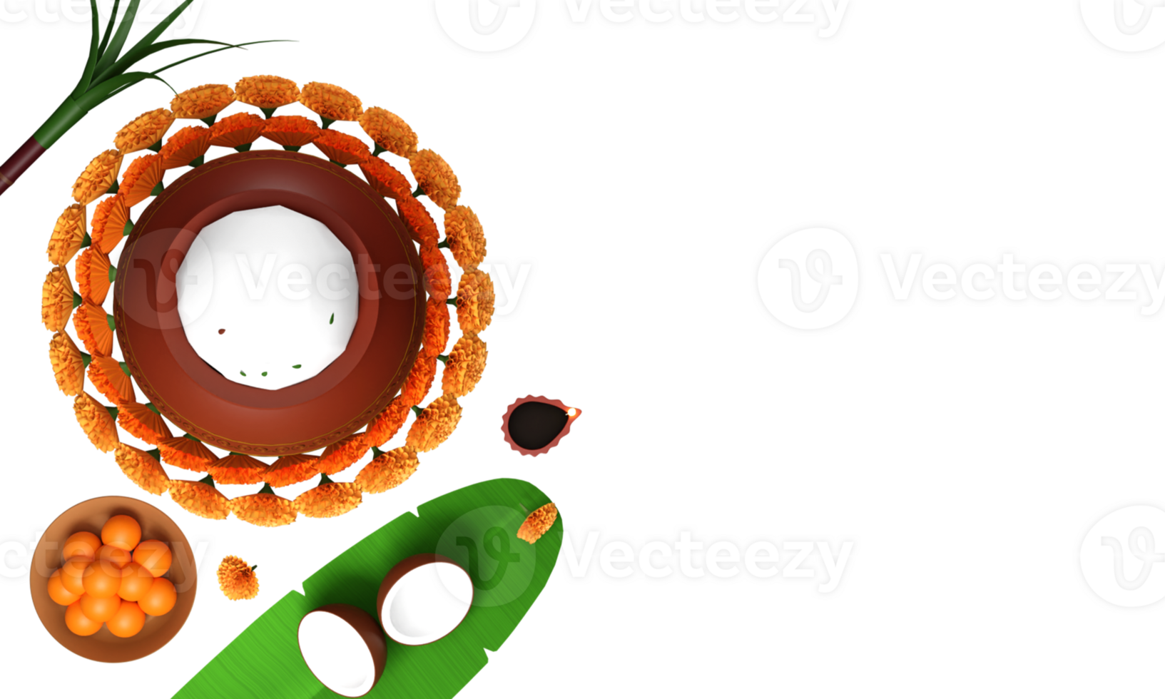 Top View Mud Pot Full Of Grain With Flowers, Lit Oil Lamp, Sweets Plate, Sugarcane, Coconut Over Banana Leaf And Copy Space. 3D Render. png