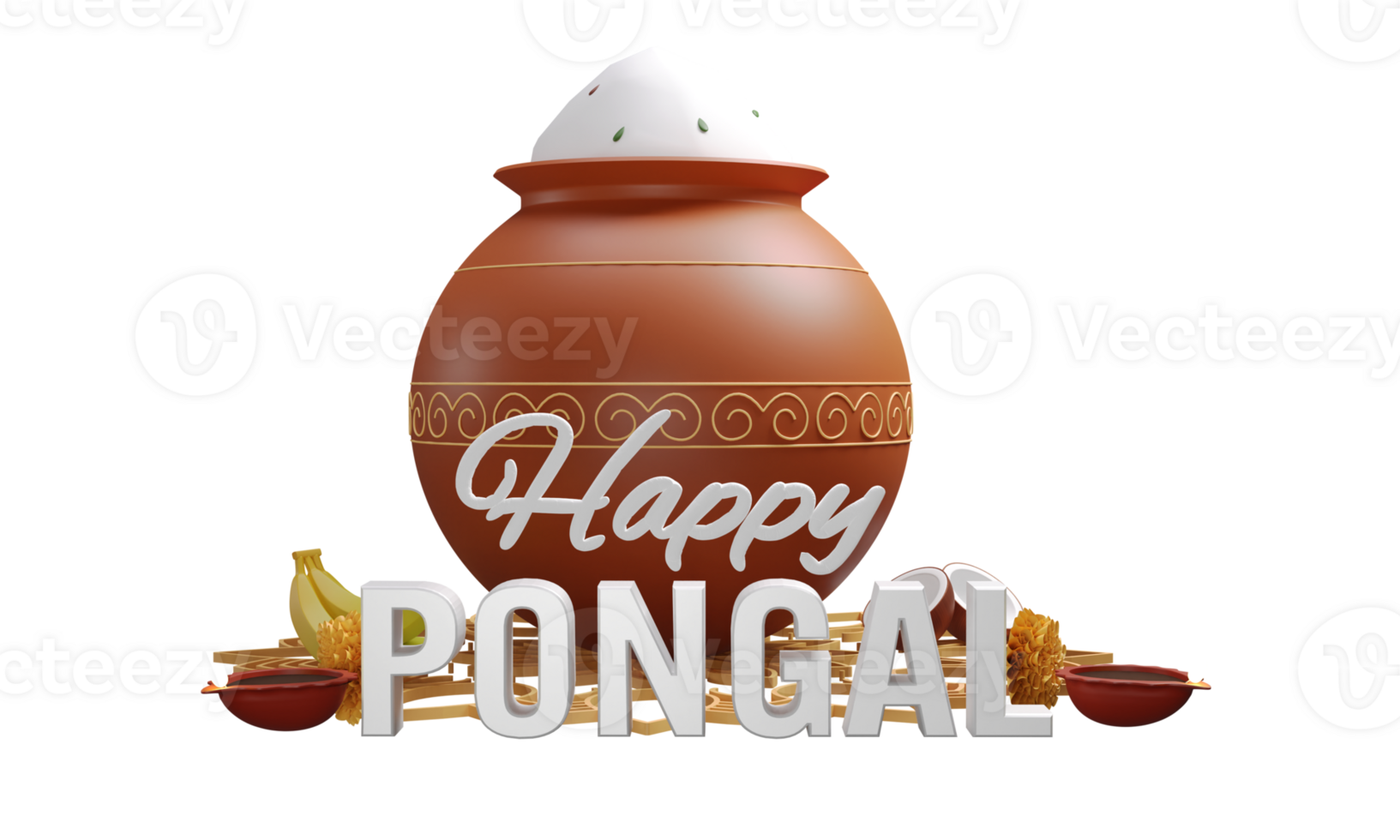 3D Render Happy Pongal Text With Mud Pot Full Of Grain Over Rangoli, Lit Oil Lamps, Banana, Coconut And Flowers Decorated Background. png