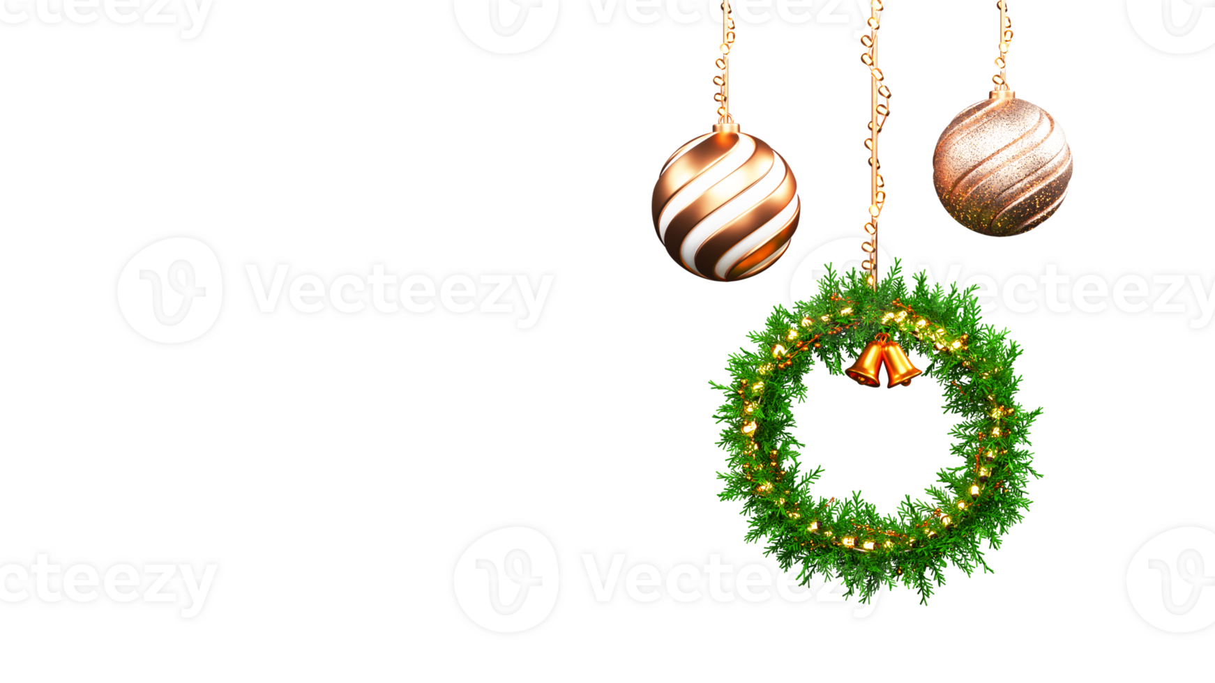 3D Christmas Wreath With Baubles Hang By Lighting Garland And Copy Space. png