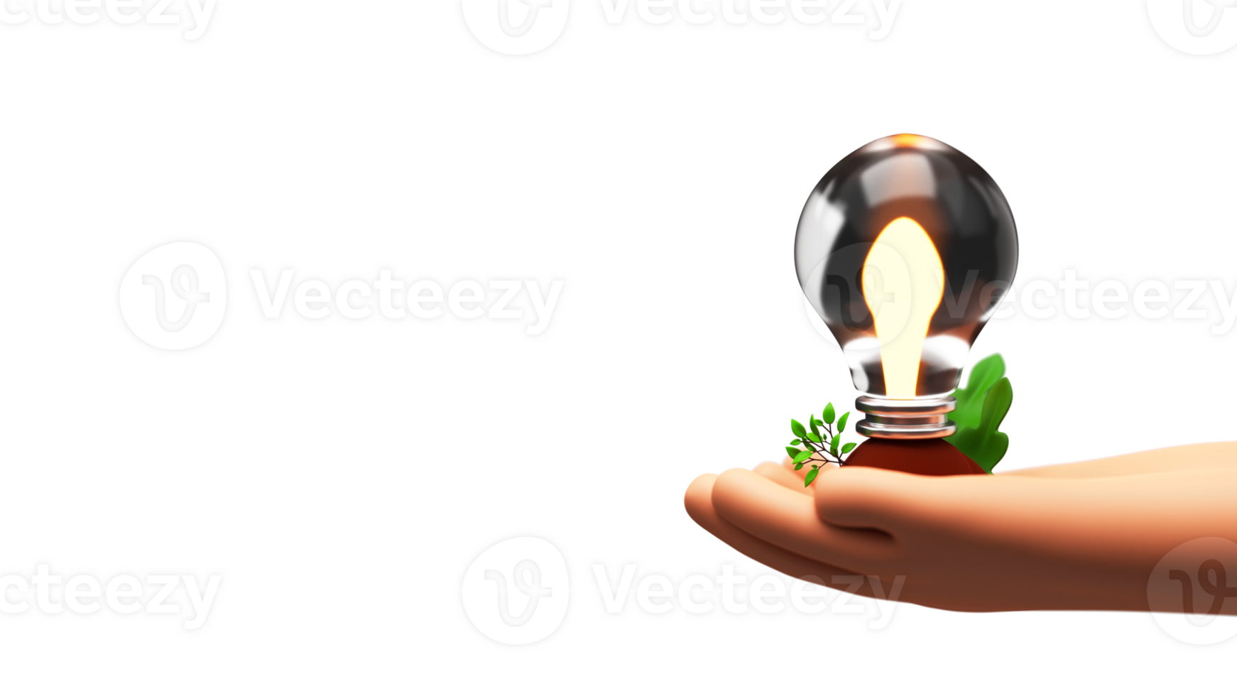 3D Human Hand Holding Lit Light Bulb With Leaves Against Background And Copy Space. png