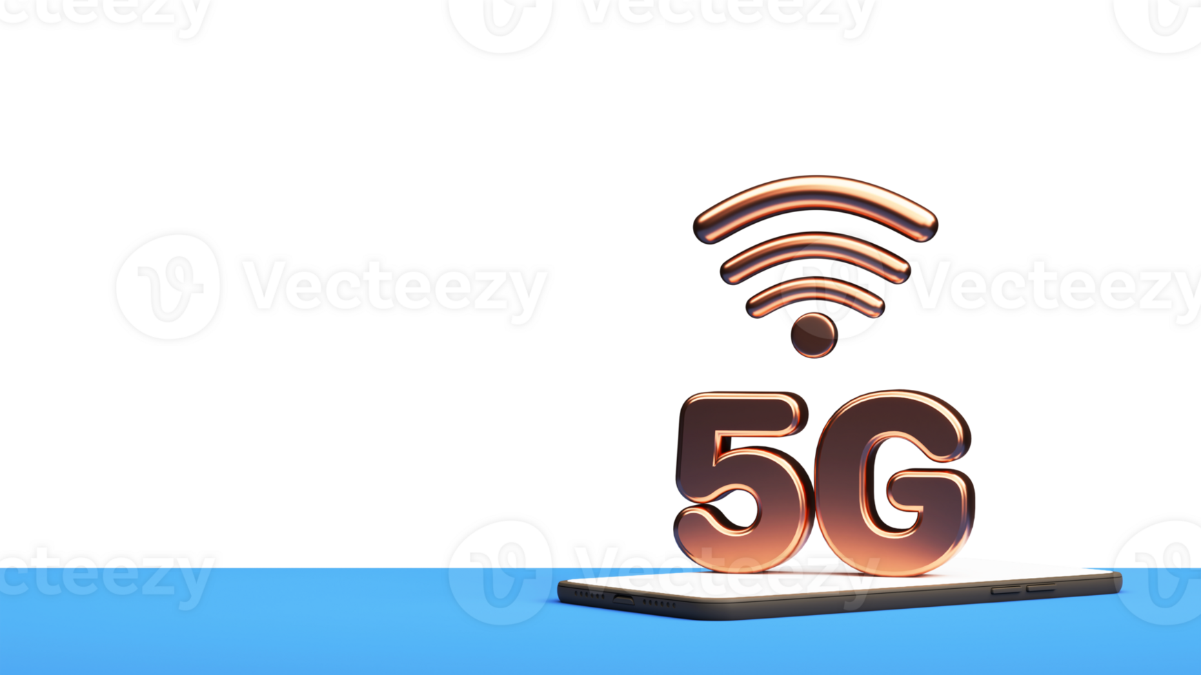 3D Bronze 5G Text With Wifi Signal Over Smartphone Screen And Copy Space. png