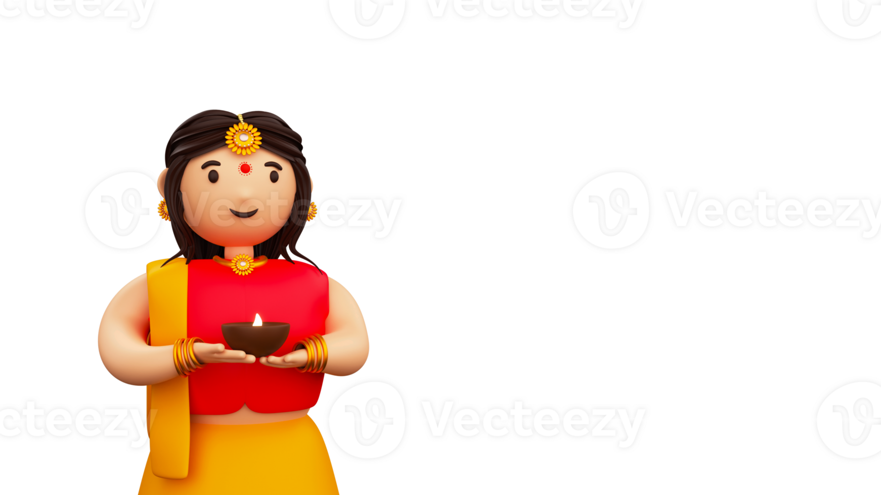 3D Render Of Indian Woman Holding Lit Oil Lamp And Copy Space. png
