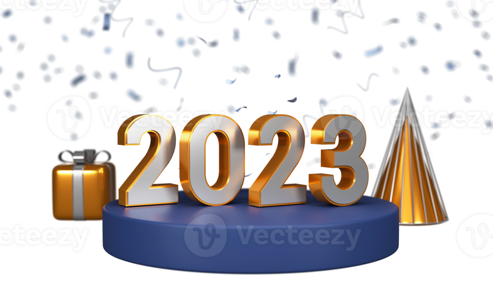 3D 2023 Number Over Podium With Gift Box, Cone Shape In Golden And Silver Color Against Blurred Confetti Background. png