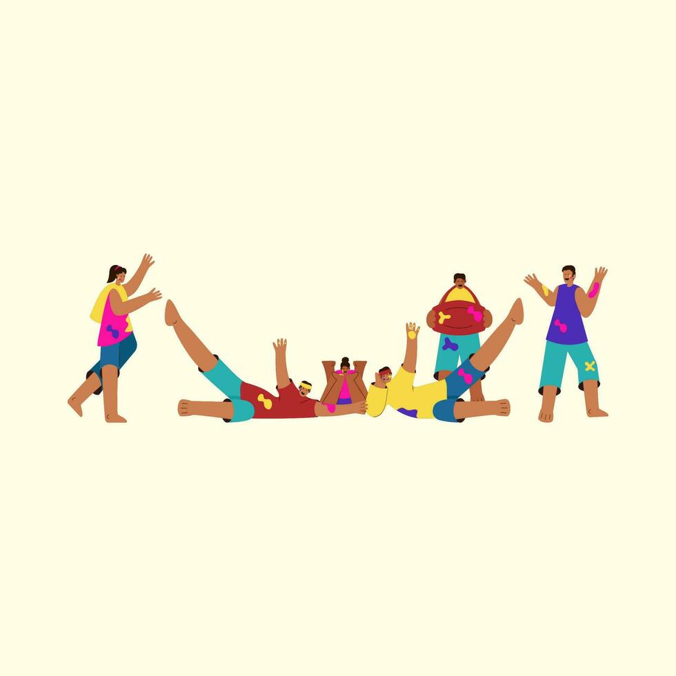 Indian Funny People Enjoying Or Celebrating Holi Festival Against Cosmic Latte Background. vector