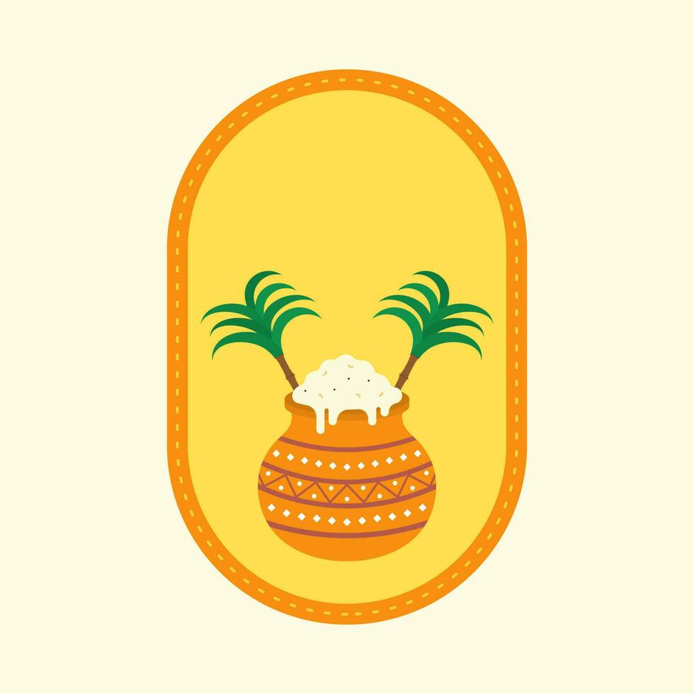 Flat Style Rice Clay Pot With Sugarcane On Oval Yellow Background. vector
