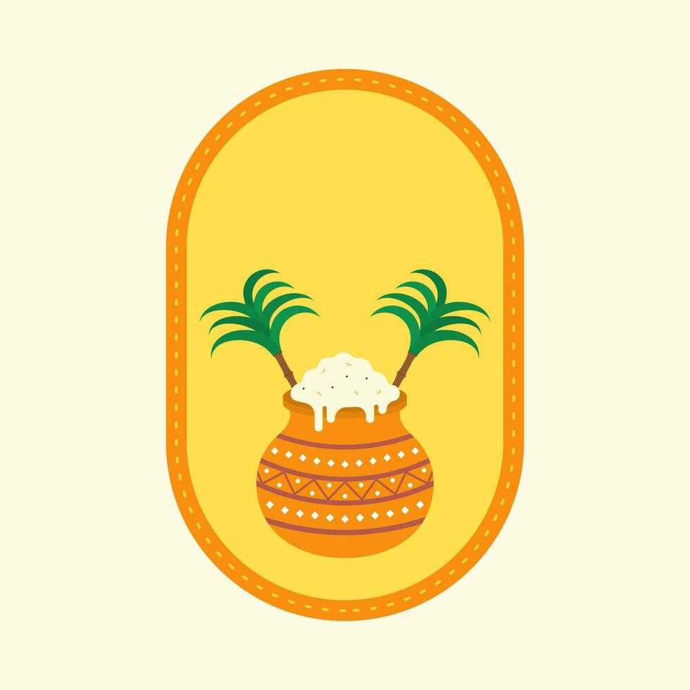 Flat Style Rice Clay Pot With Sugarcane On Oval Yellow Background. vector