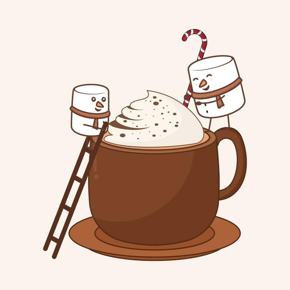 Climbing Marshmallow Cartoon On Cocoa Cup With Ladder And Candy Cane On Cosmic Latte Background. vector
