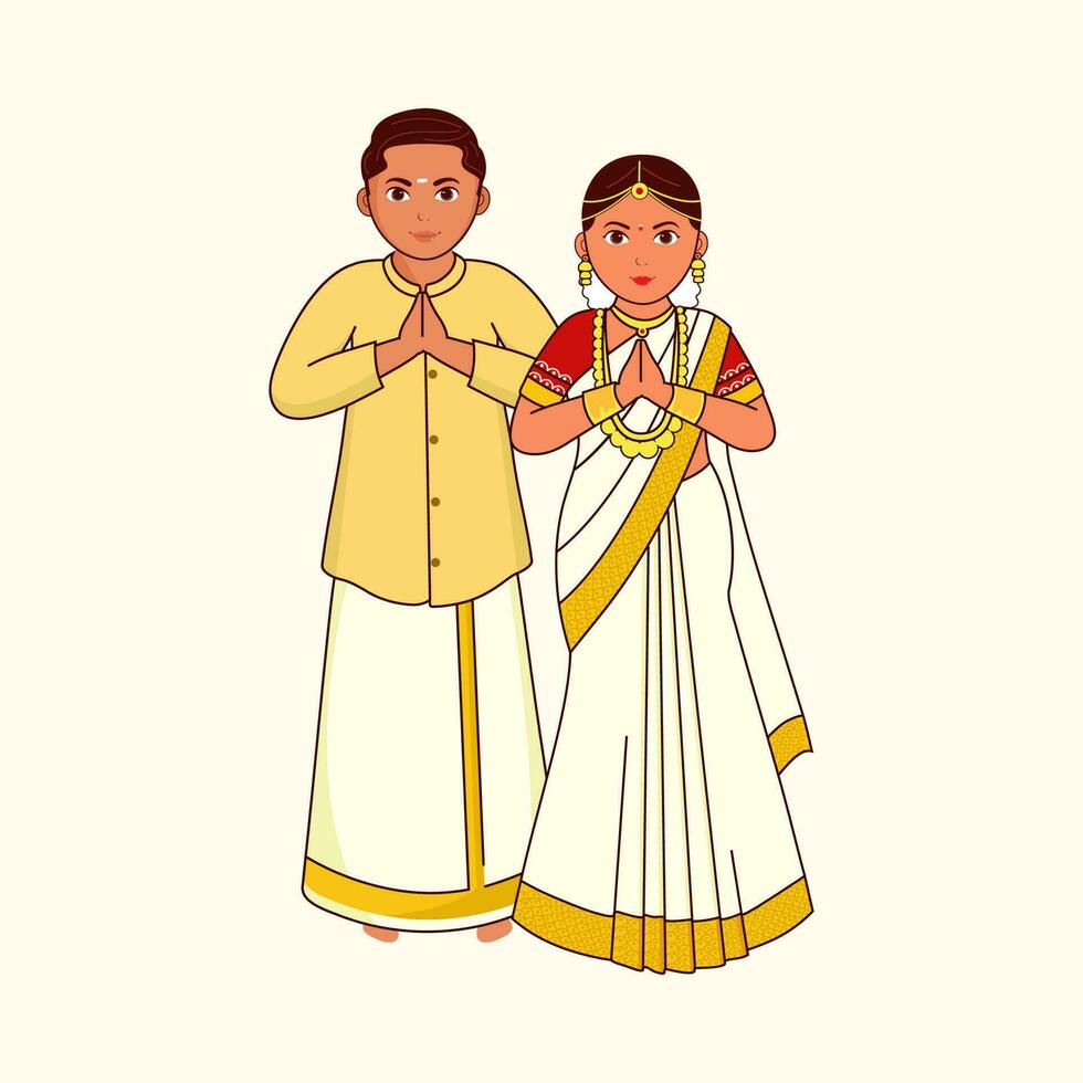 Kerala Wedding Couple Greeting Namaste In Standing Pose On Cosmic Latte Background. vector