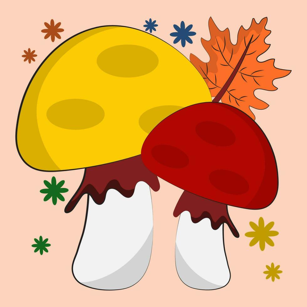 Illustration Of Toadstools With Maple Leaf And Flowers On Peach Background. vector