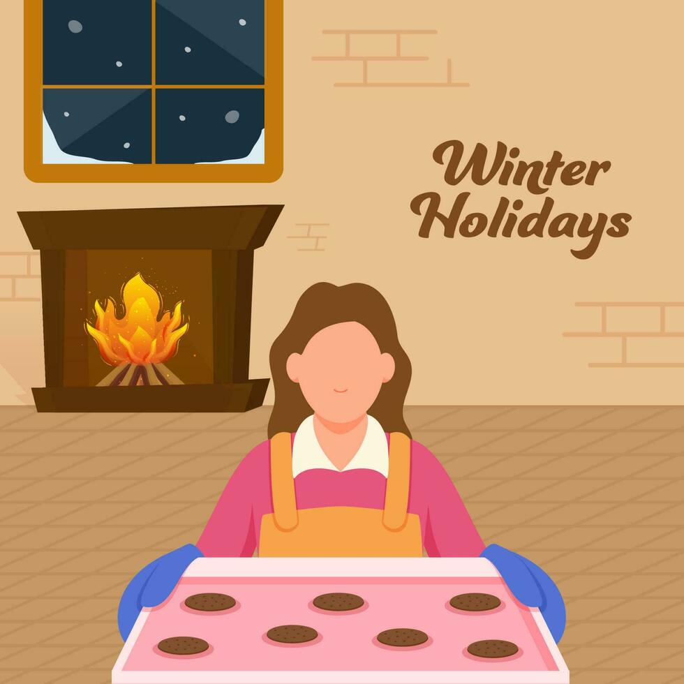 Winter Holidays Poster Design With Faceless Female Baker Presenting Cookies Tray And Fireplace Arch Against Background. vector