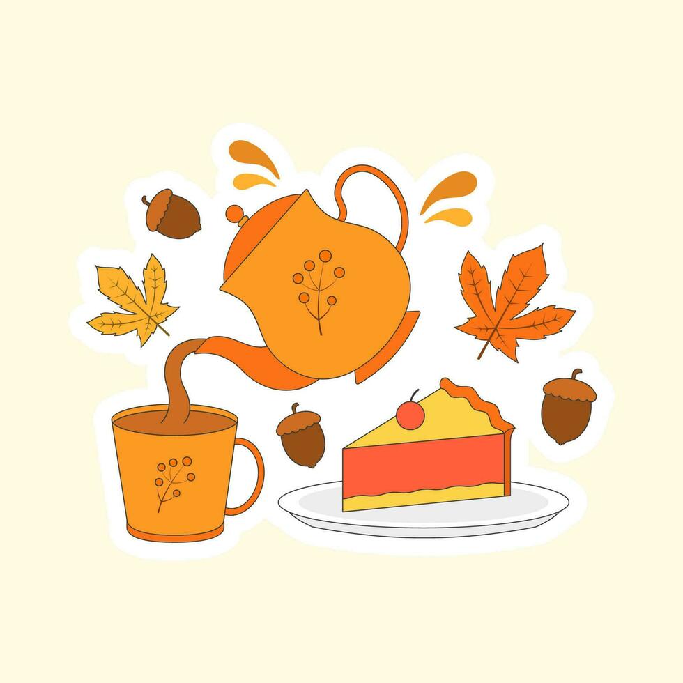 Serve Tea Or Coffee In Cup With Triangle Cake And Acorn, Autumn Leaves Decorative Cosmic Latte Background. vector