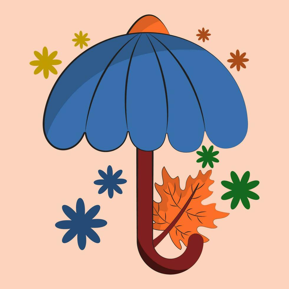 Open Umbrella With Maple Leaf And Flowers On Peach Background. vector