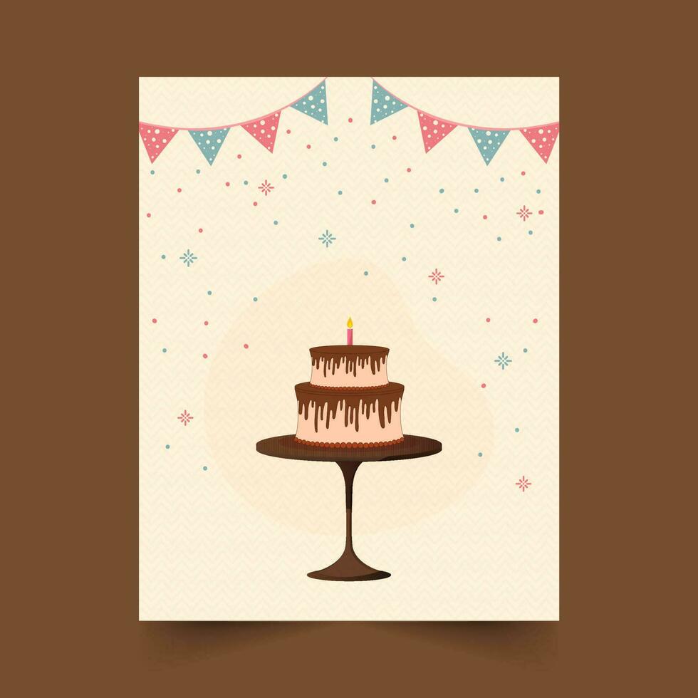 Delicious Layer Cake With Burning Candle Over Table And Bunting Flags On Beige Zigzag Line Pattern Background. vector