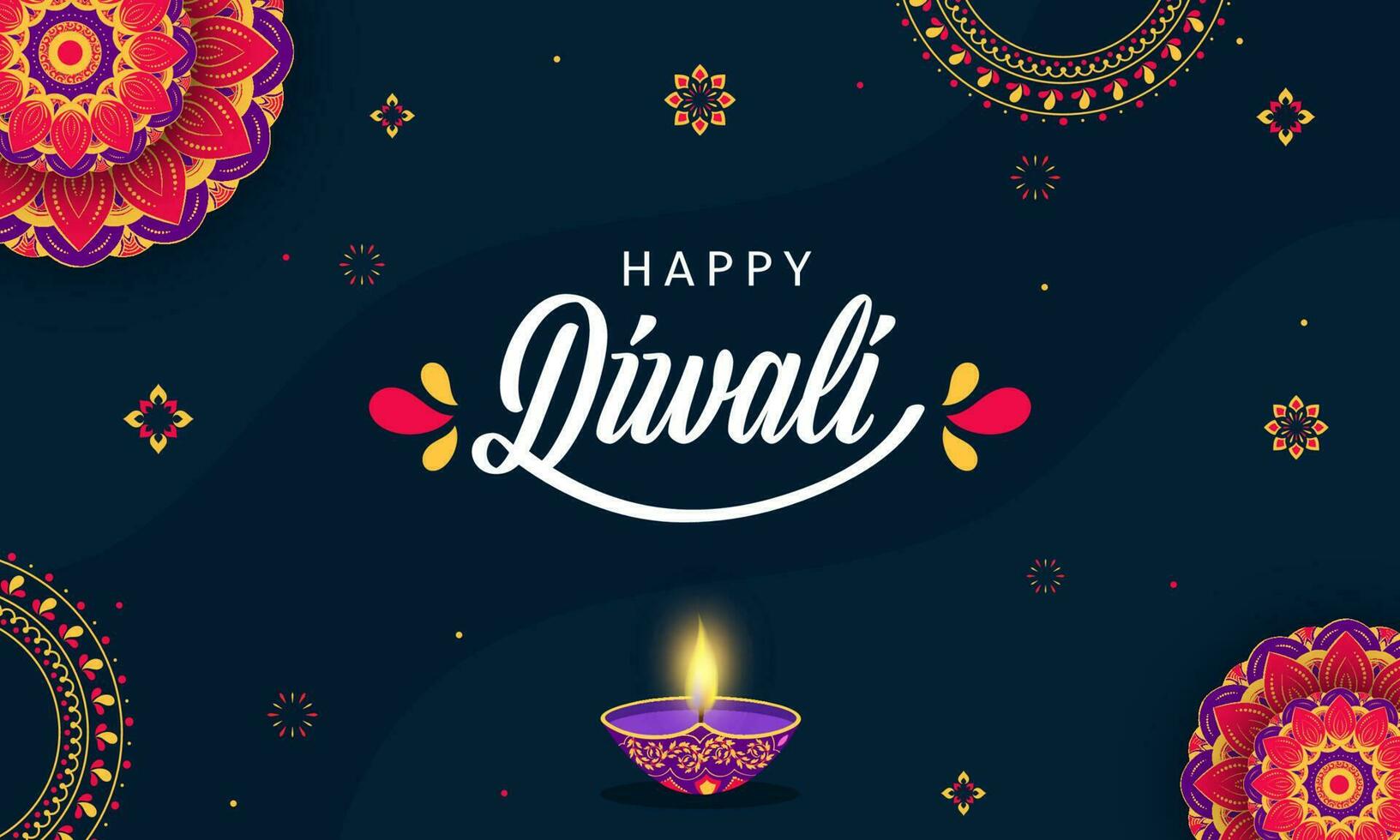 Happy Diwali Font With Illuminated Oil Lamp And Mandala Pattern On Blue Background. vector