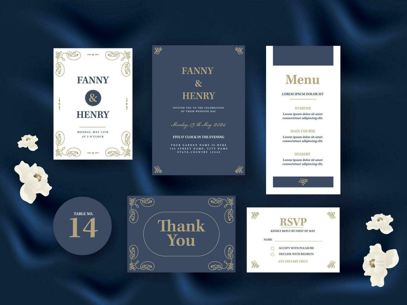 Elegant Wedding Invitation Suite Present On Blue Silk Fabric Background. vector