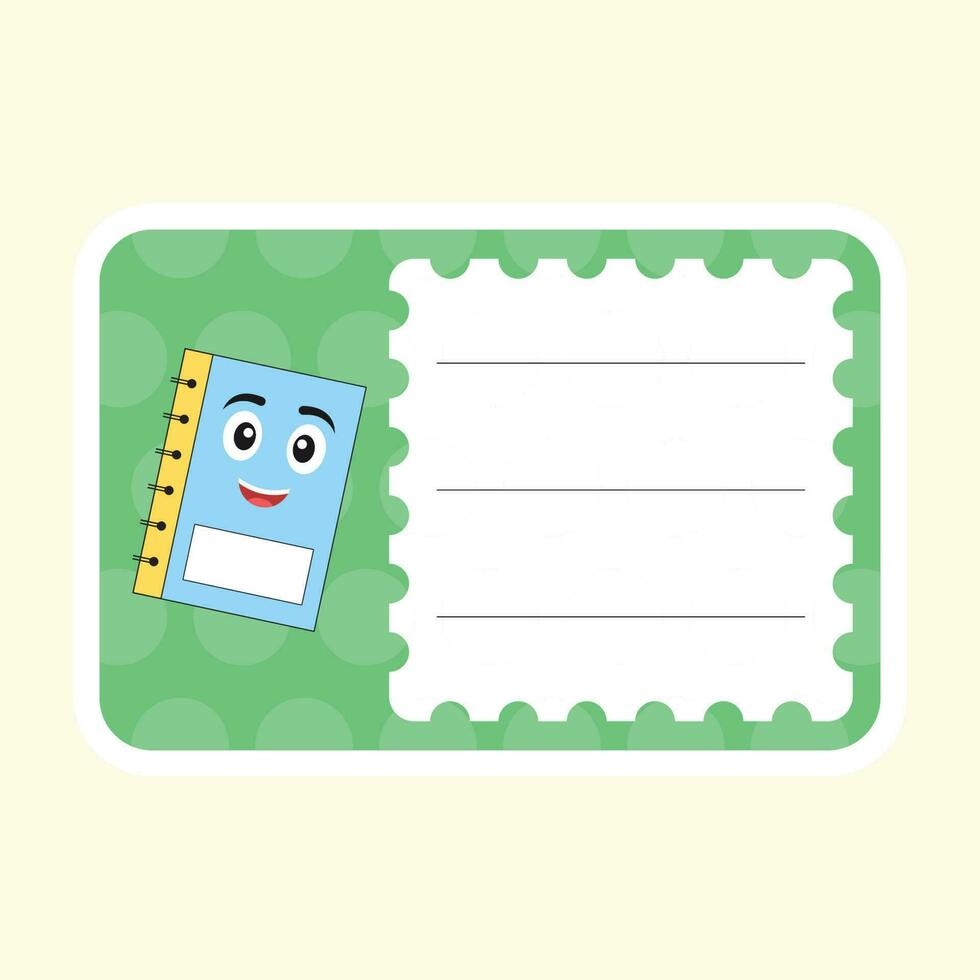 Cartoon Notebook Character Sticker Or Label On On Pastel Yellow Background. vector