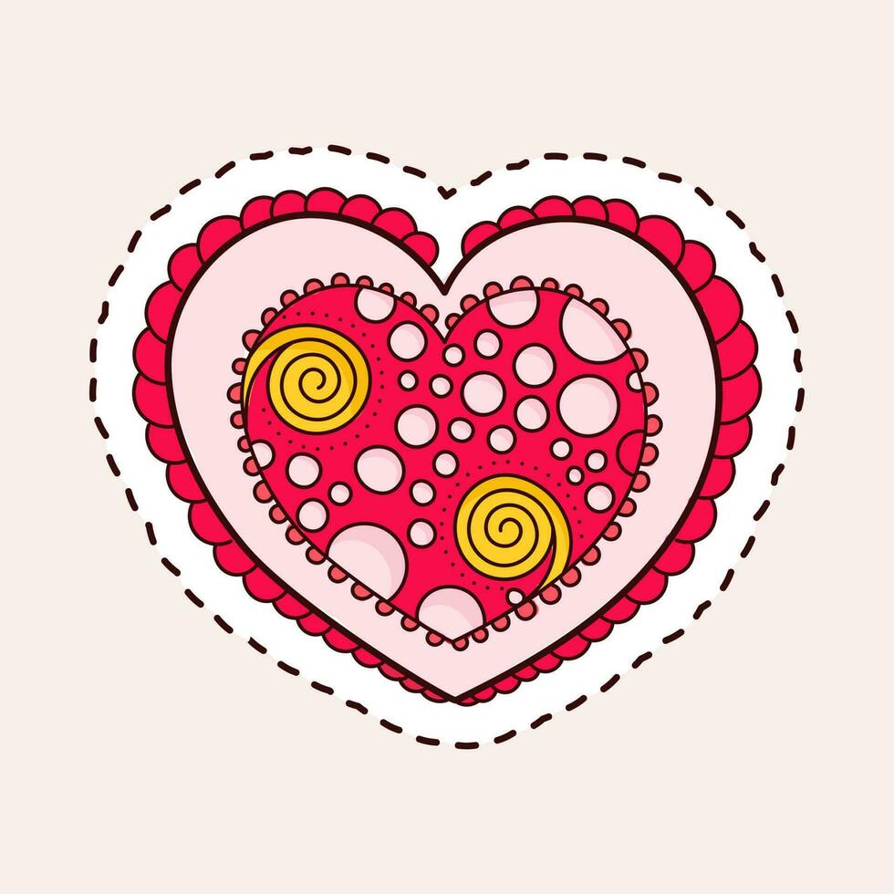 Circle And Spiral Decorative Heart Shape On Light Pink Background In Sticker Style. vector