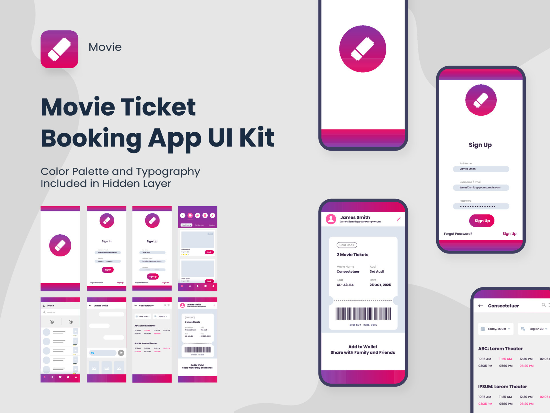 Movie Ticket Booking App UI Kit Including Account Sign In Sign Up cinema-ticket-template-in-modern-design-vector-movie-ticket-with