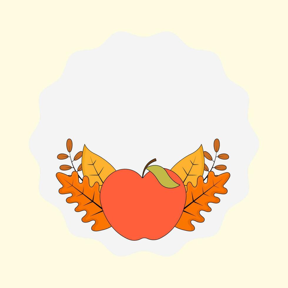 Isolated Apple With Autumn Leaves Decorative White Circle Frame On Cosmic Latte Background. vector
