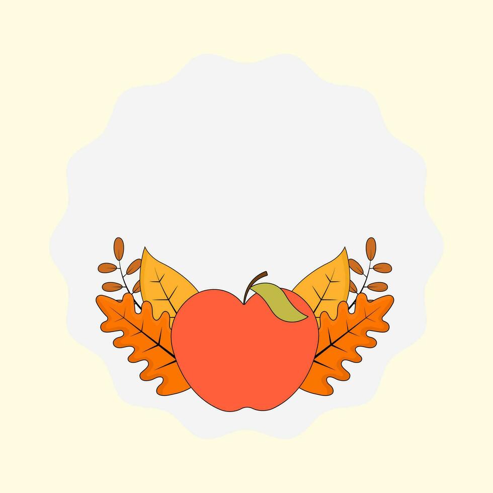 Isolated Apple With Autumn Leaves Decorative White Circle Frame On Cosmic Latte Background. vector