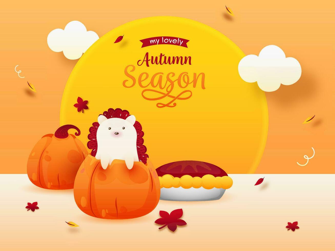 Autumn Season Poster Design With Cartoon Hedgehog, Pumpkins, Pie Cake, Leaves, Clouds Decorated On Orange And Peach Background. vector