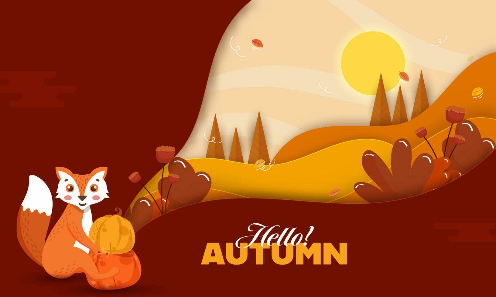 Paper Cut Autumn Sun Landscape Background With Cartoon Fox Holding Pumpkins Illustration. vector