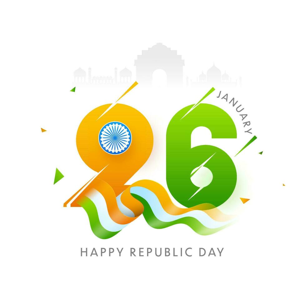 26 Number Of January With Ashoka Wheel And Tricolor Wavy Ribbon Against White Background For Happy Republic Day Concept. vector