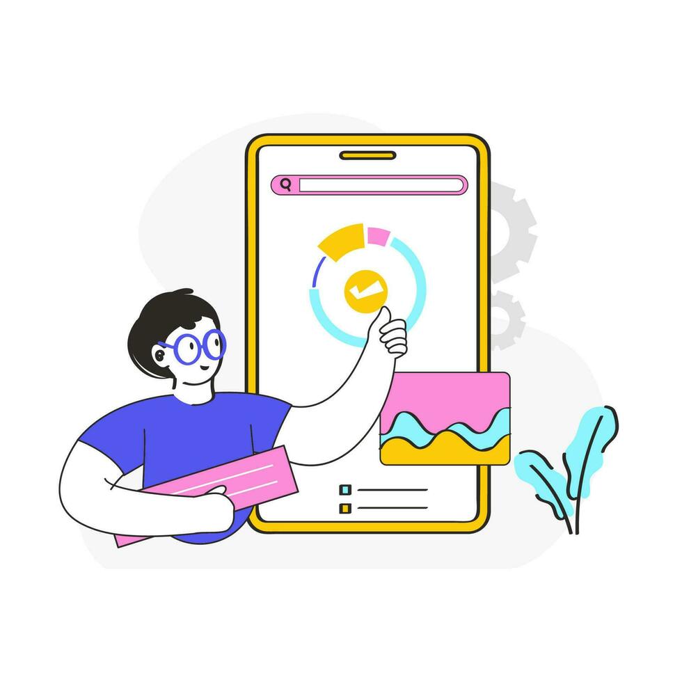 Vector Illustration Of Cartoon Man Finalizing Data Analysis In Smartphone Screen On White Background.