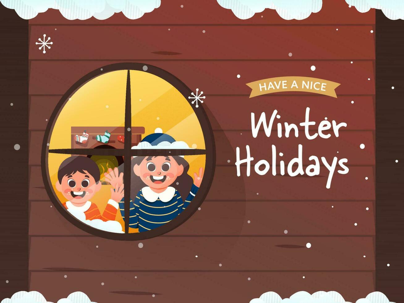Happy Winter Holidays Poster Design With Cheerful Kids Looking Outside From Window And Snow Falling On Bordeaux Wooden Background. vector