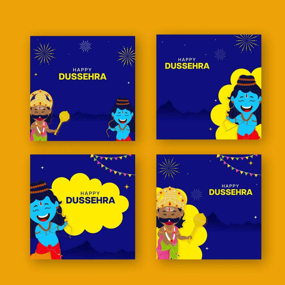 Social Media Post Or Template Set With Cartoon Lord Rama And Demon Ravana Character Against Background For Happy Dussehra Concept. vector