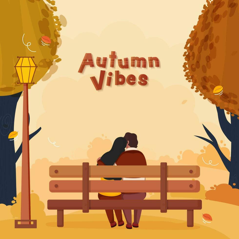 Rear View Of Young Couple Sitting Together On Bench Outdoor In Autumn Vibes. vector