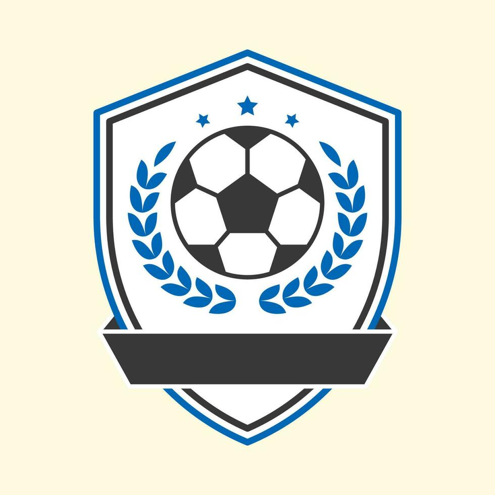 Blank Black Ribbon With Blue Laurel Leaves, Soccer Ball And Shield On Cosmic Latte Background. vector