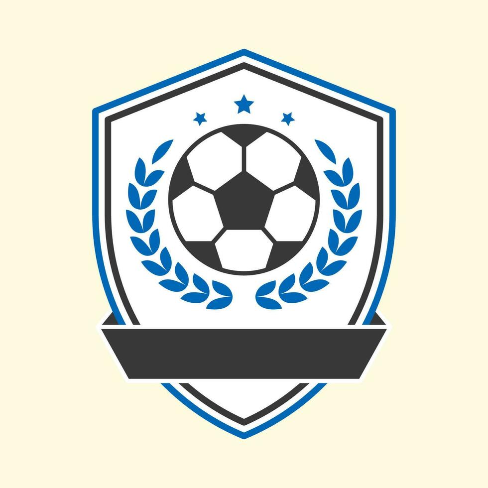 Blank Black Ribbon With Blue Laurel Leaves, Soccer Ball And Shield On Cosmic Latte Background. vector