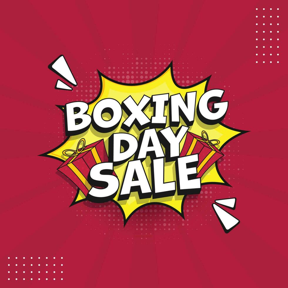 3D Render Boxing Day Sale Text With Gift Boxes Over Comic Starburst Frame On Red Rays Halftone Effect Background. vector