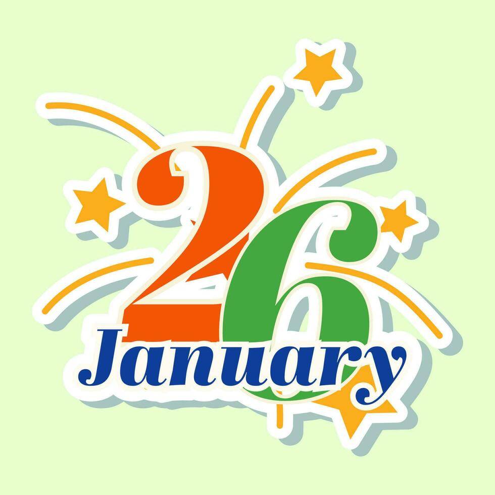 26 January, Republic Day Sticker With Firework Flat Style Against On Light Green Background. vector
