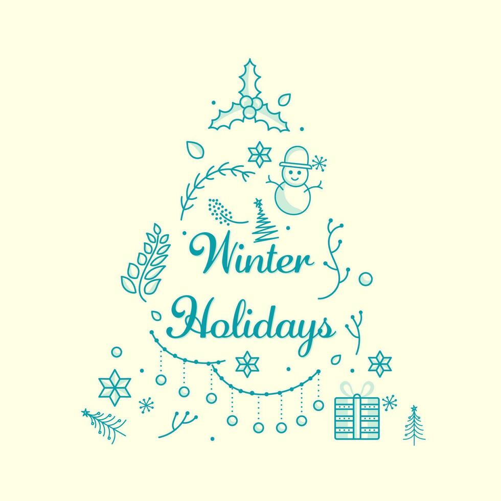 Winter Holidays Font With Doodle Xmas Tree Made By Festival Elements On White Background. vector