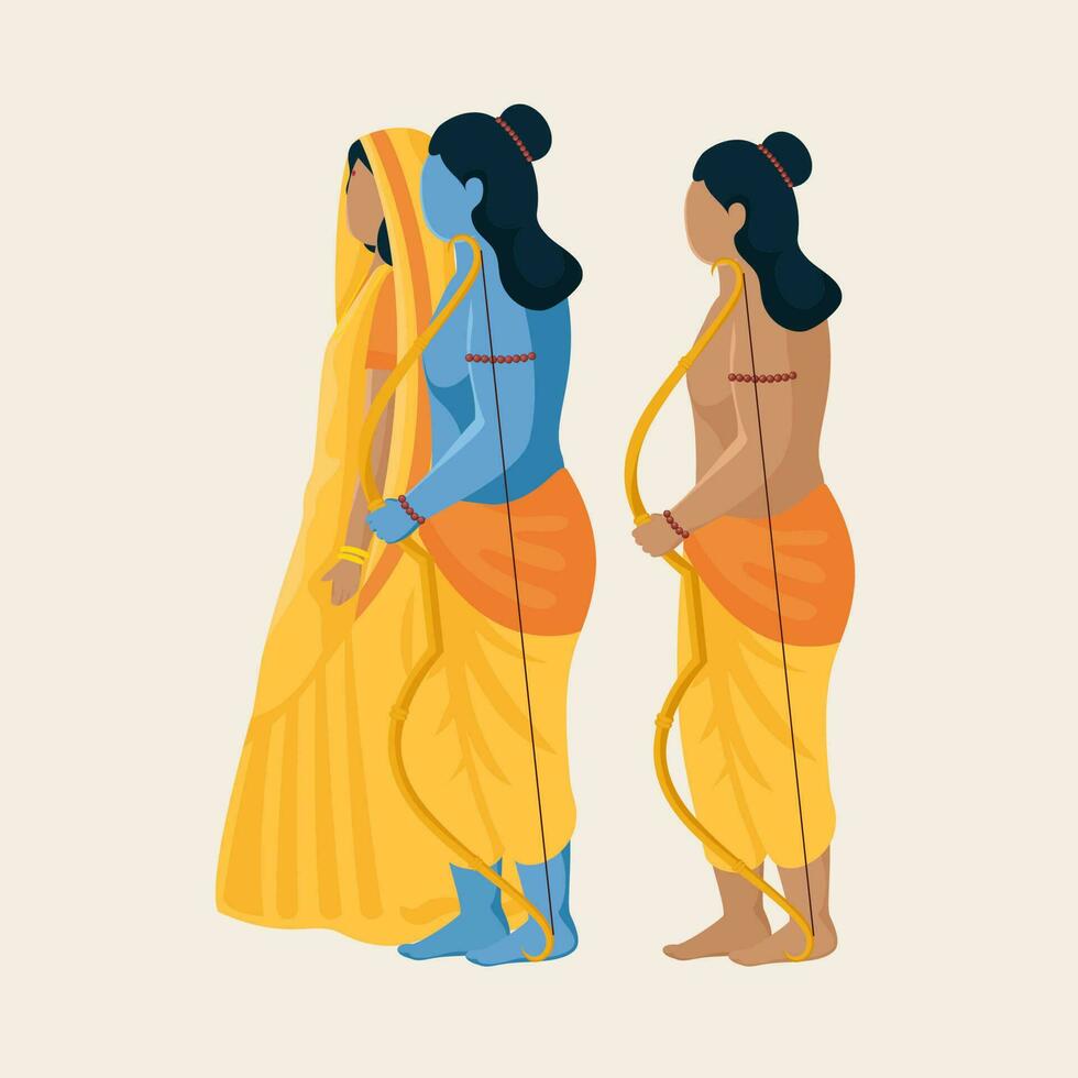 Side View Of Hindu Mythology Lord Rama With His Wife, Little Brother Character On Beige Background. vector