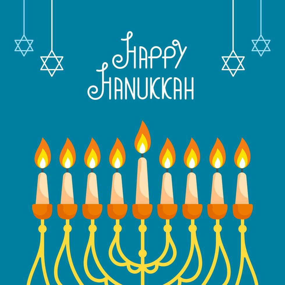 Happy Hanukkah Celebration Concept With Illuminated Candelabra, Hanging Star Of David Decorated On Blue Background. vector