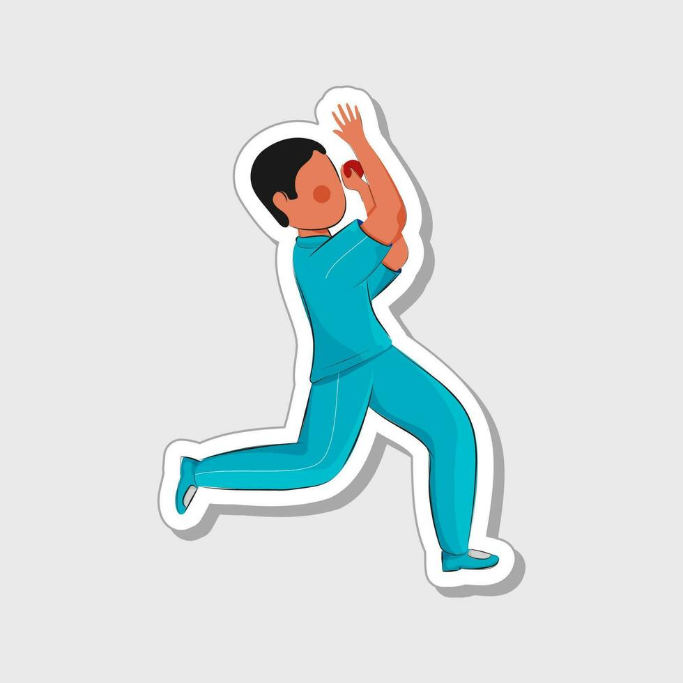 Isolated Faceless Male Cricket Bowler Throwing Ball On Grey Background In Sticker Style. vector