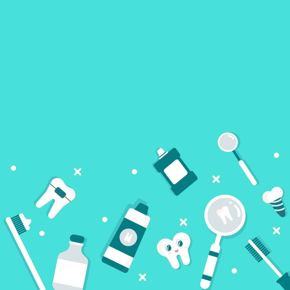 Top View Of Dental Care Icon Collection On Turquoise Background. vector
